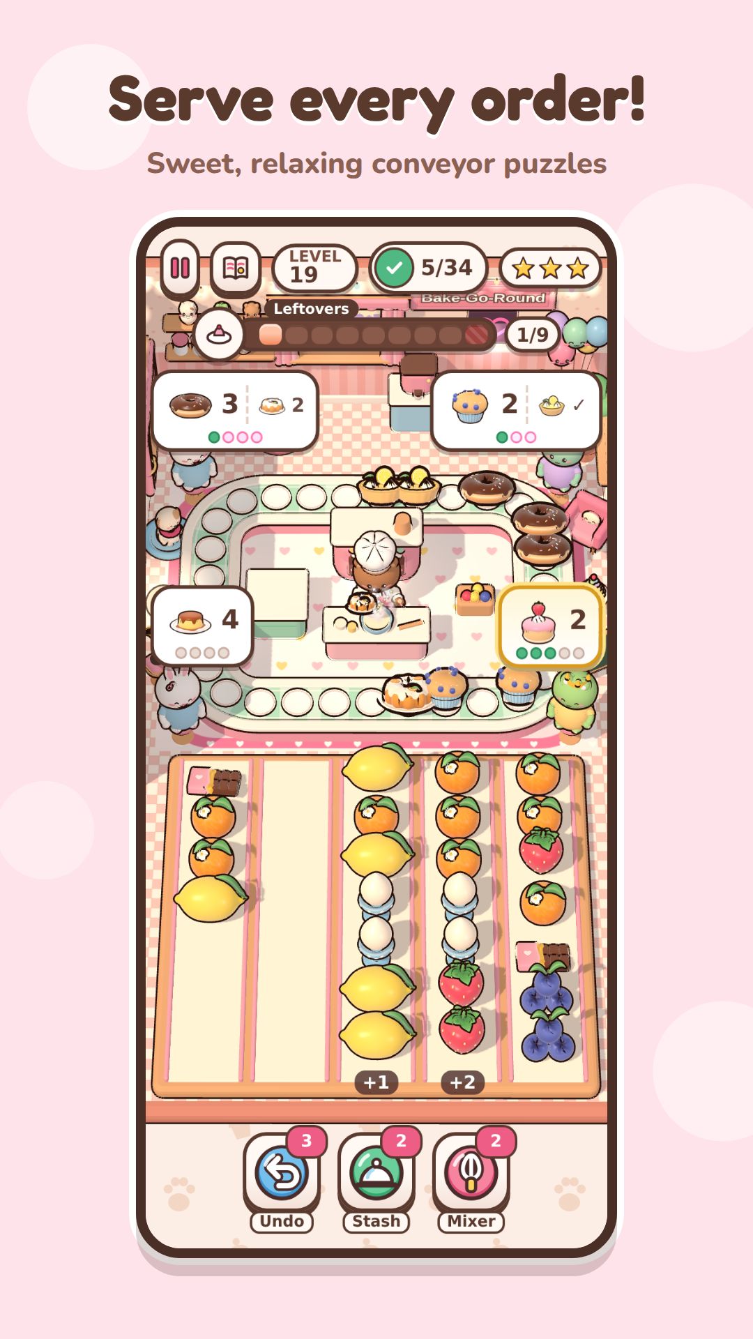 A level in progress: the baker in the middle of a belt carrying sweets, customers waiting for their orders around it and columns of ingredients at the bottom.