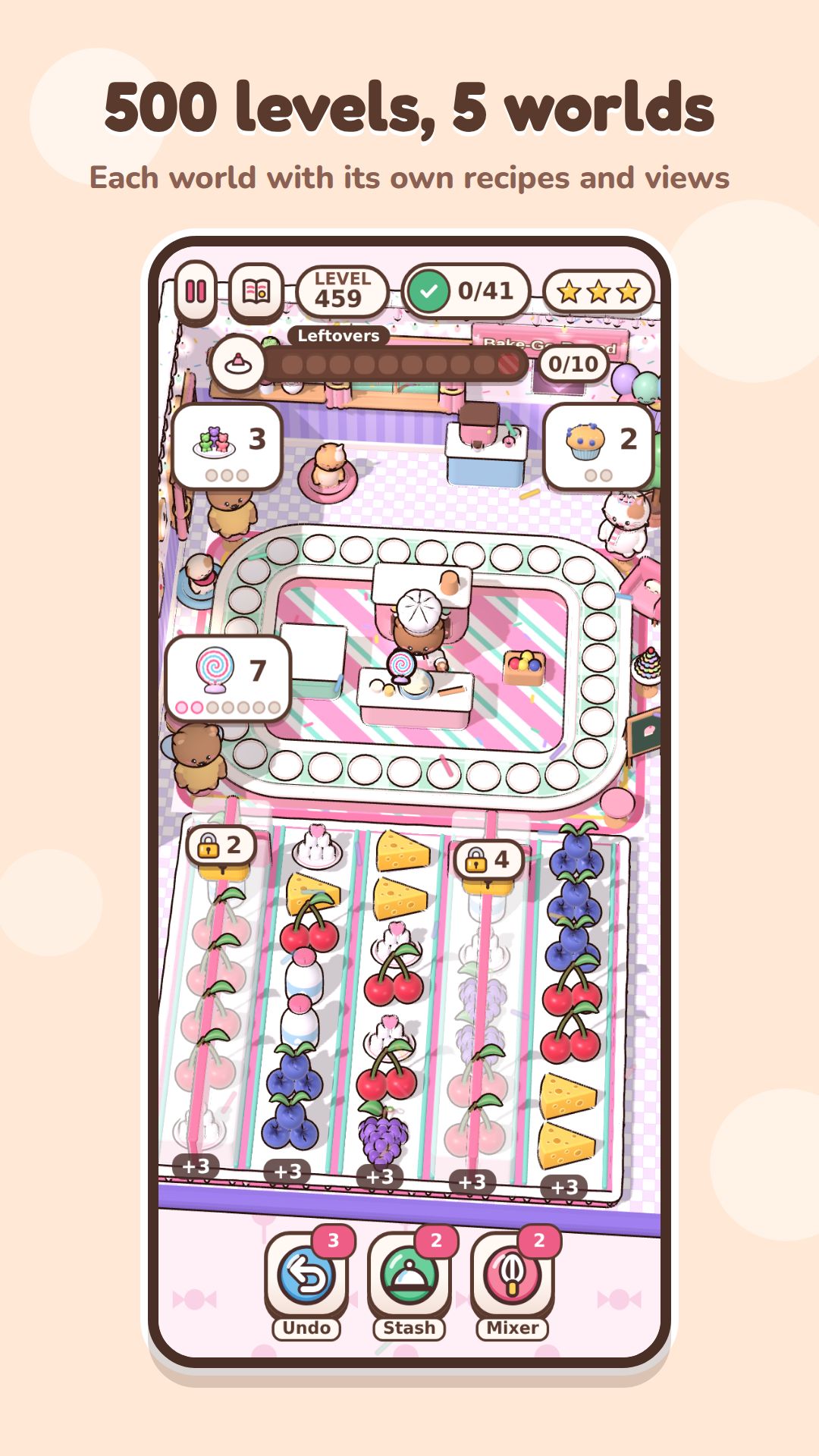 Level 459 in a candy-themed world, with new recipes, customers and five ingredient columns.