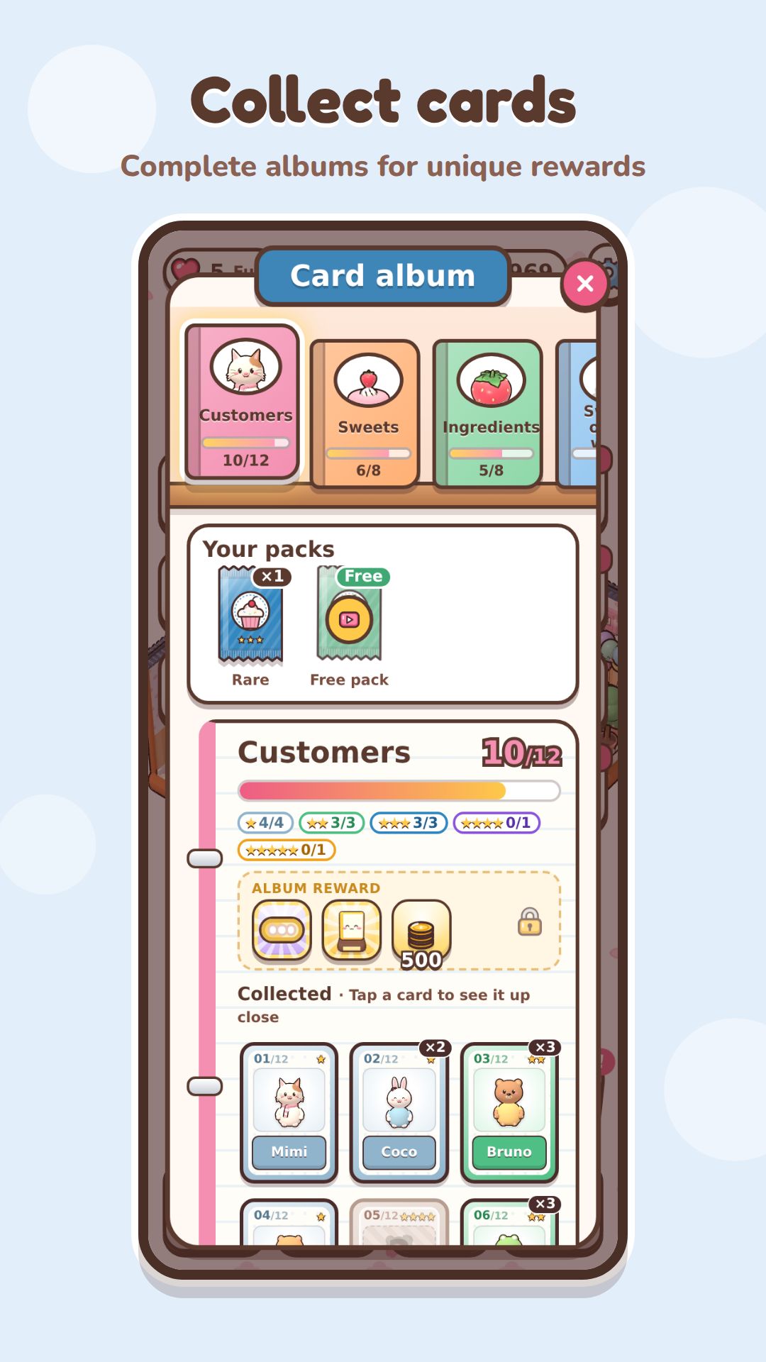 Card album with customer, sweet and ingredient collections, available packs and page-completion rewards.
