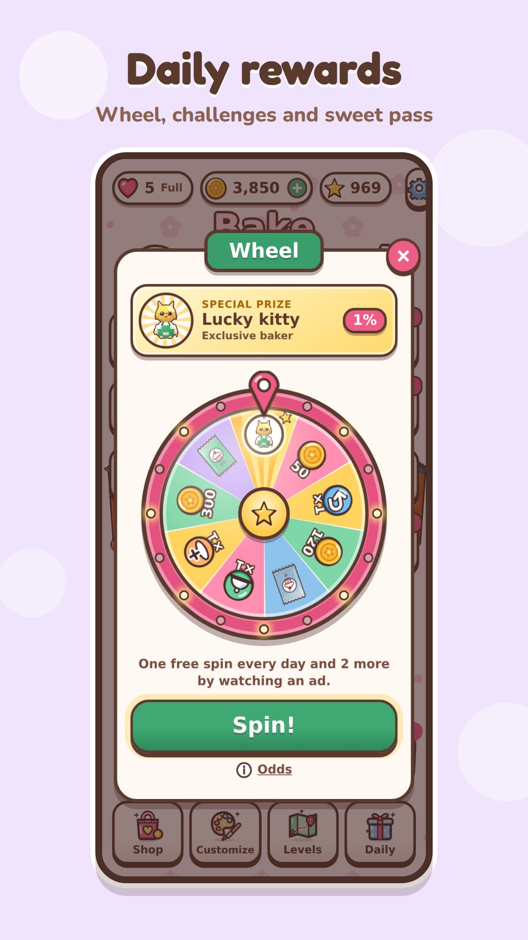 Daily wheel with visible odds and prizes including coins, packs, boosters and a special baker.